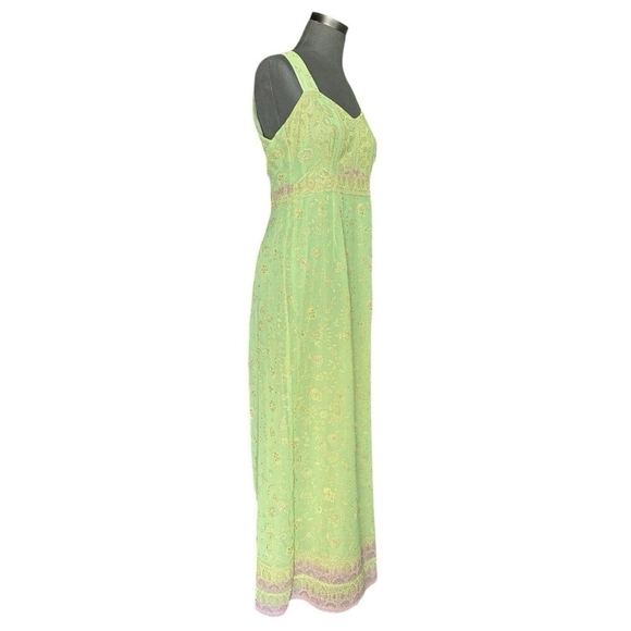Custom Silk Floral Halter Maxi Dress Light Green Pink Sleeveless Gown Size M - Picture 2 of 5